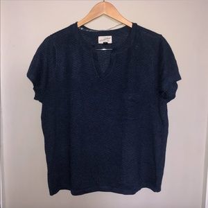 Navy Blue Knit Short Sleeve V Neck, Front Pocket